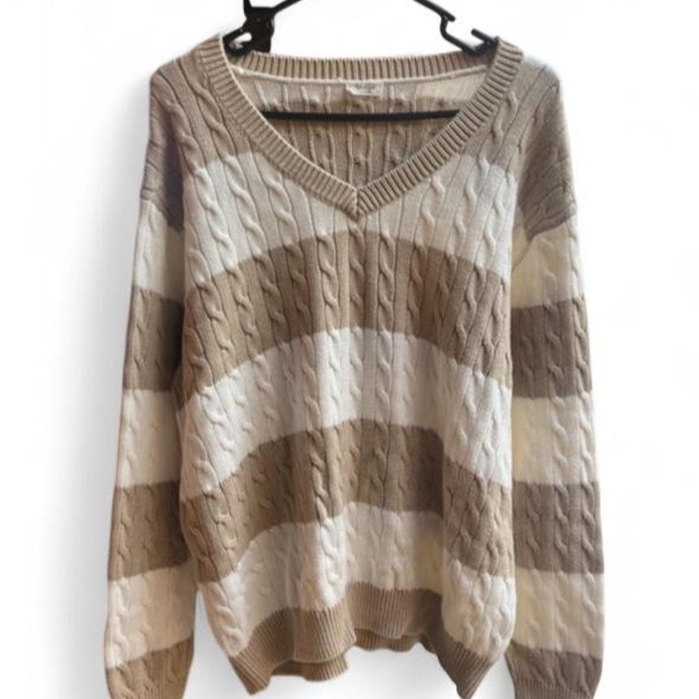 John Galt Brandy Melville Nikki Striped Cable Knit V-Neck Sweater Beige Cream OS